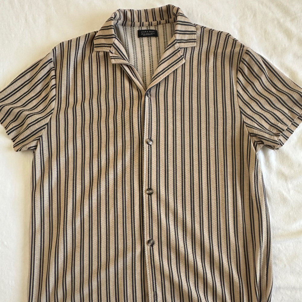 Zara Beige and Navy Striped Shirt Sz. XL